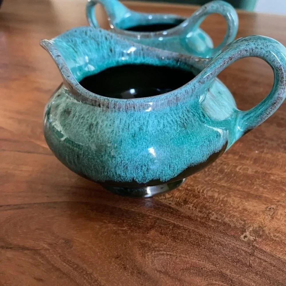 RARE 1960s cream and sugar pottery set from Canuck Pottery Ltd. Green Turquoise